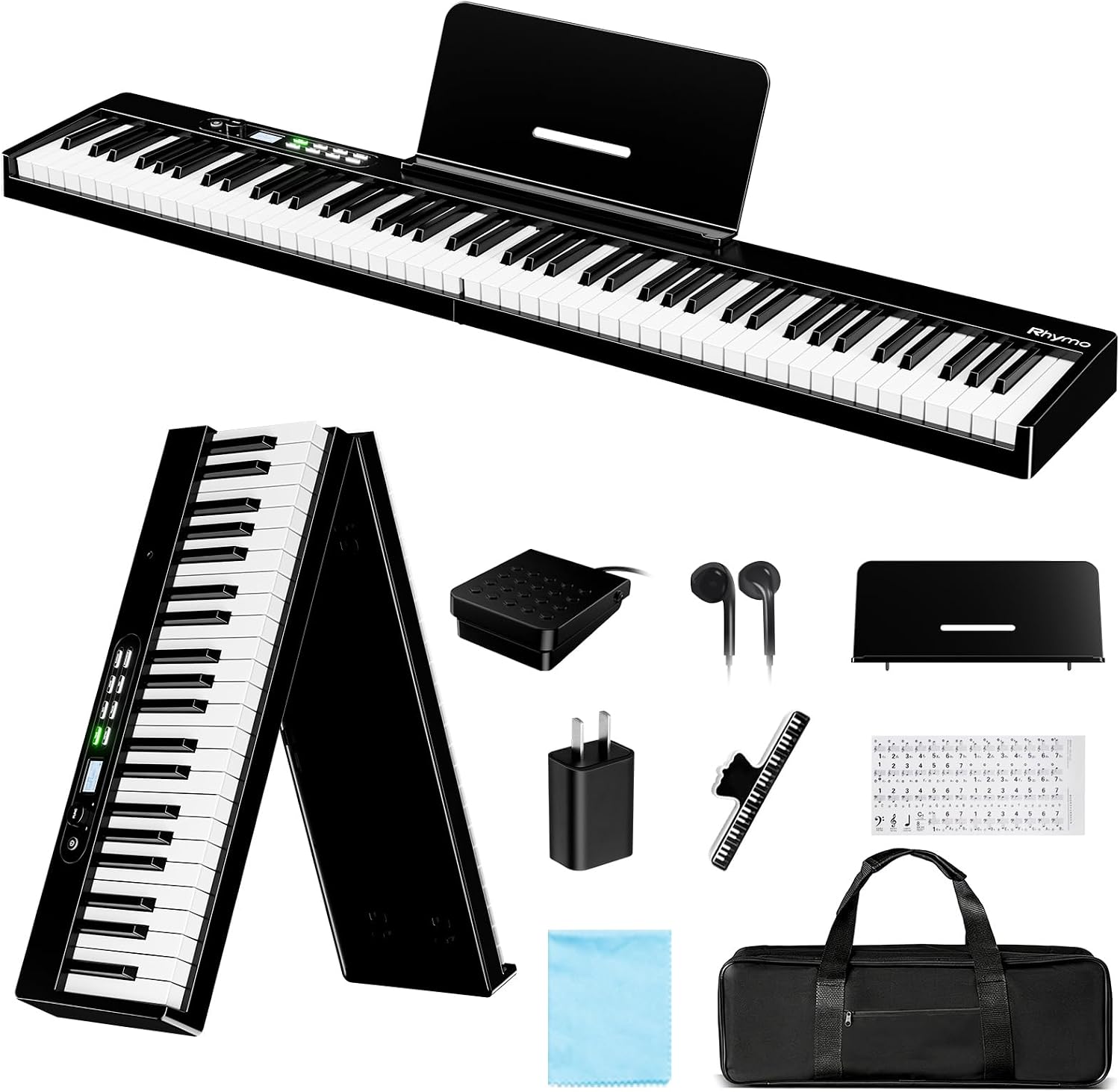 Rhymo Portable Piano Keyboard, Semi-Weighted Folding Piano 88 Key Full Size, Upgrand Imitation Wood Texture Keyboard w/MIDI Bluetooth LCD Display Screen, Sustain Pedal for Beginners Adult Toddler