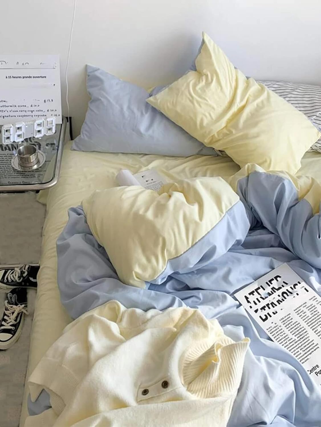 Cotton Dual Color Duvet, Sky Blue and Yellow Pastel Combination Bedding Set for Lovely Home Decor, Cal King, Oversize, Queen, Toddler Duvet Bedding Set (Over Size 98X120)