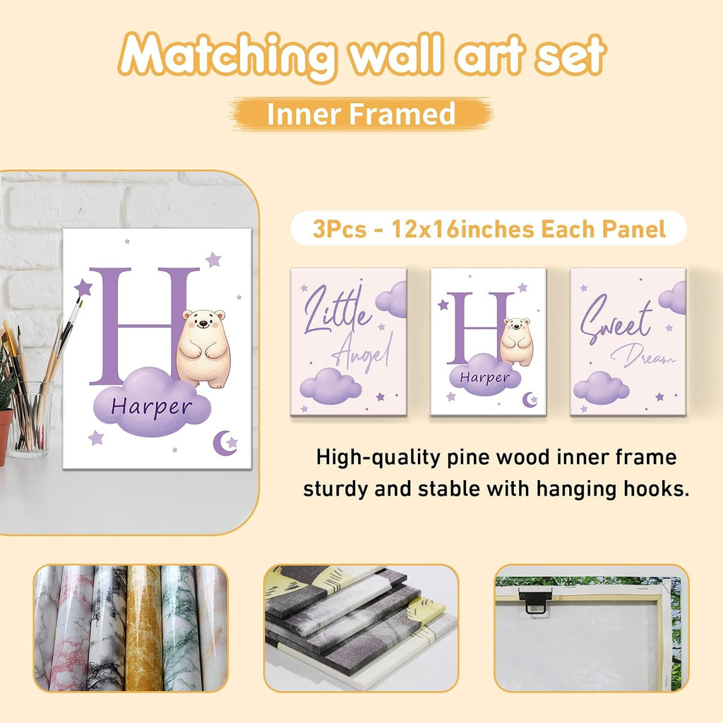 Terwex Custom Crib Bedding Set, 5 Pcs Personalized Nursery Bedding Sets with Name, Infant Bedding Set for Baby Girl Boy, Purple Polar Bear Double Layer Baby Crib Set, Toddlers Babies Customized Gifts