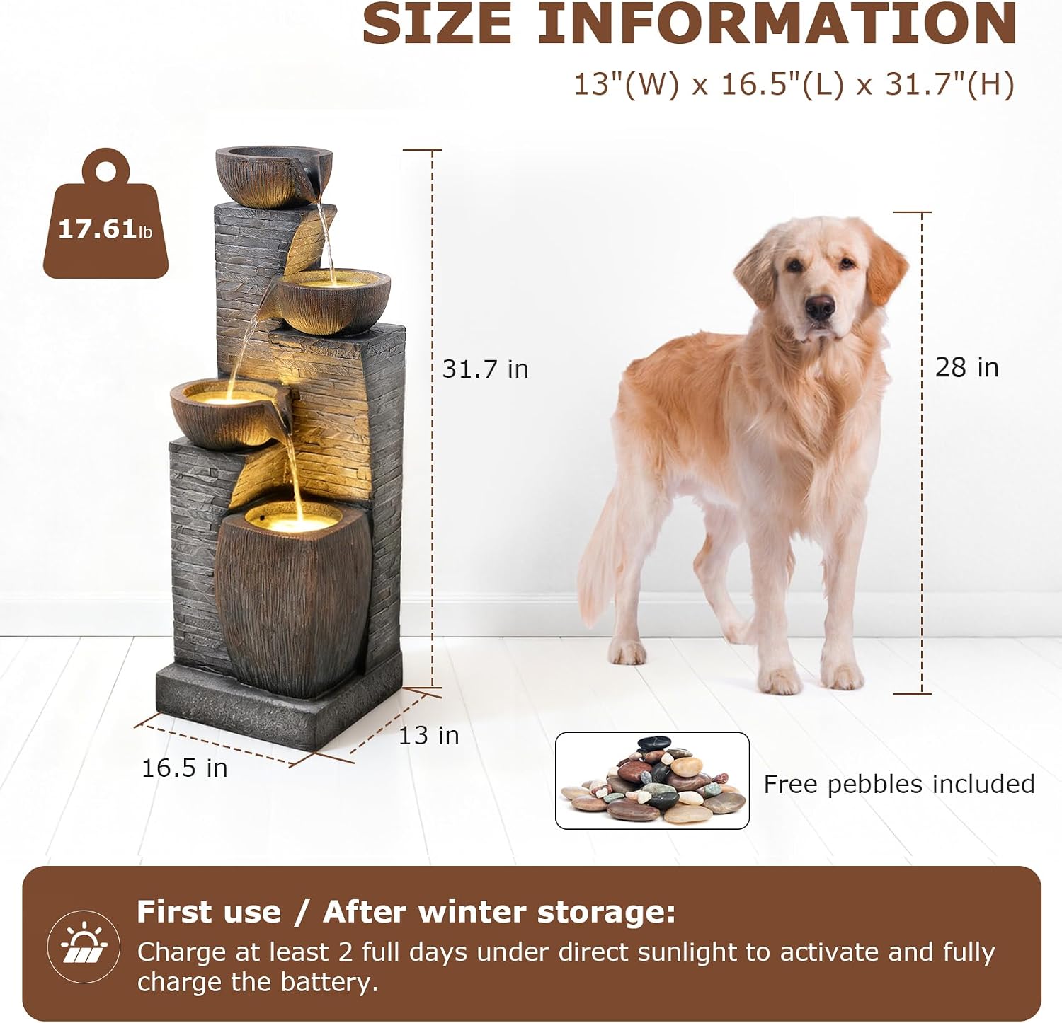 38.2' Tall Solar Water Fountain Outdoor Garden,4 Tiers Modern Cascading Bowls and Stacked Stones Solar Powered Fountains with LED Lights for Garden, Patio, Deck, Porch, Backyard, Lawns