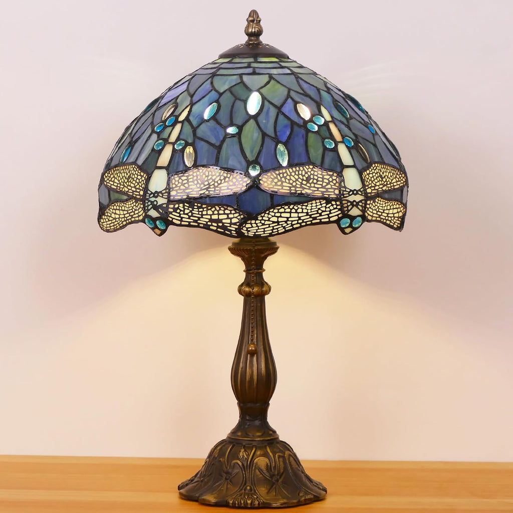 Tiffany Lamp Stained Glass Table Lamp Antique Bedside Reading Light W12H19 Inches (Sea Blue Dragonfly)