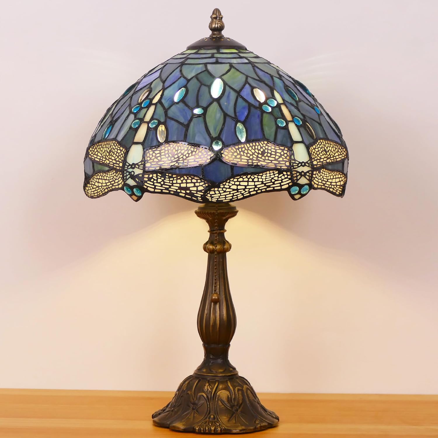 Tiffany Lamp Stained Glass Table Lamp Antique Bedside Reading Light W12H19 Inches (Sea Blue Dragonfly)