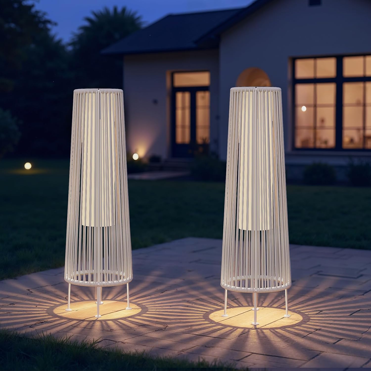 Grand patio Outdoor Floor Solar Light 2-Pack, Wicker Solar Patio Lamp Waterproof Outside Deck Lamp for Porch, Yard, Garden, Lawn Decorations - White, Gordes 2 PCS