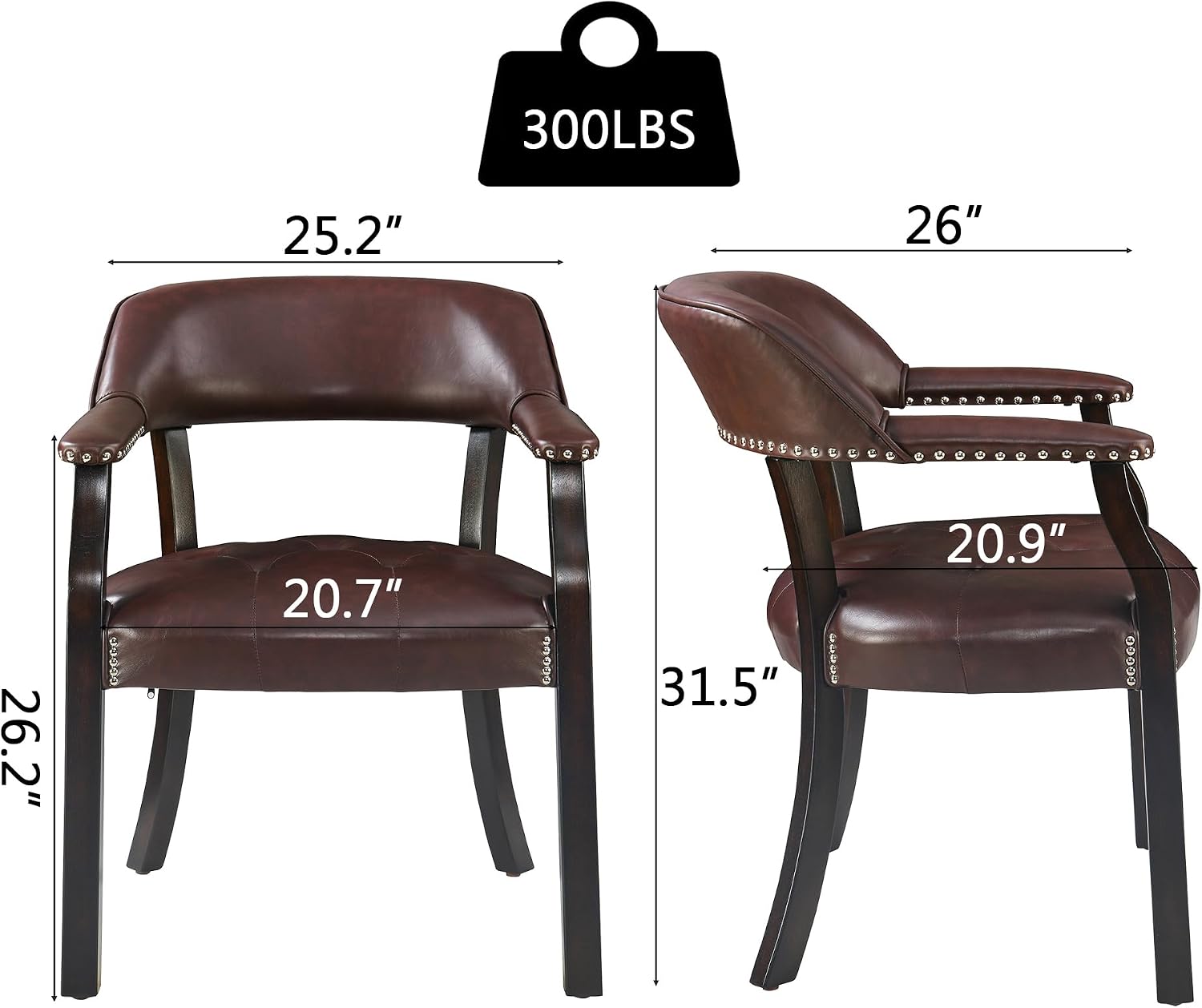 Dining Chairs with Upholstered and Arms,Office Desk Chair with Metal Rivets. PU Boss Captain's Chairs,Classic Accent Stools for Dining Room, Bedroom Brown Legs & Wine Red NX173-318WR