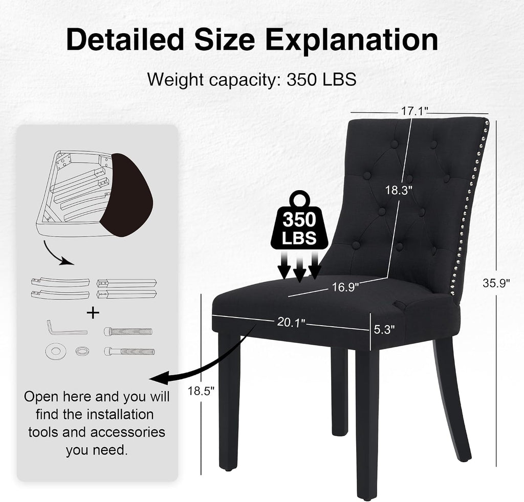 adochr Dining Chairs Set of 4, Modern Mid Century Kitchen Chairs with Wooden Legs & Linen Fabric Back, Dining Room Chairs with Pull Rings & Nailhead Trim, Black
