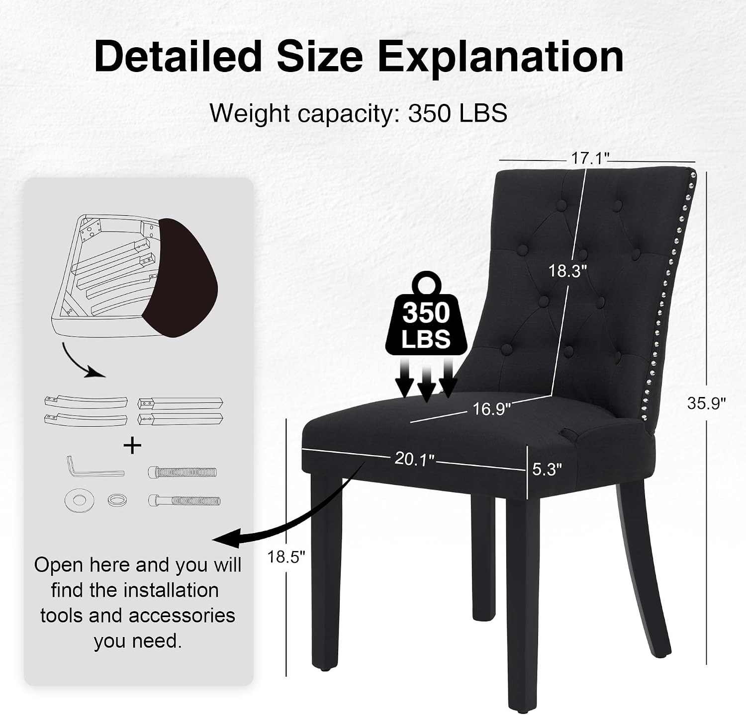 adochr Dining Chairs Set of 4, Modern Mid Century Kitchen Chairs with Wooden Legs & Linen Fabric Back, Dining Room Chairs with Pull Rings & Nailhead Trim, Black