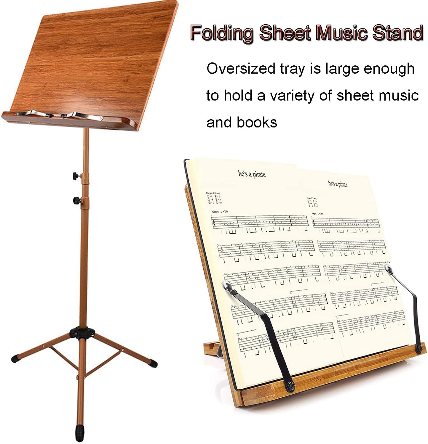Extra Stable Metal Music Stand, Two-in-one Dual-use Bamboo Book Stand, Sheet Music Stand With Violin Hanger, Classic Stand For Musical Instruments, Restaurant, Hotel Menu Stand (Wood 17cm*45cm*75cm)