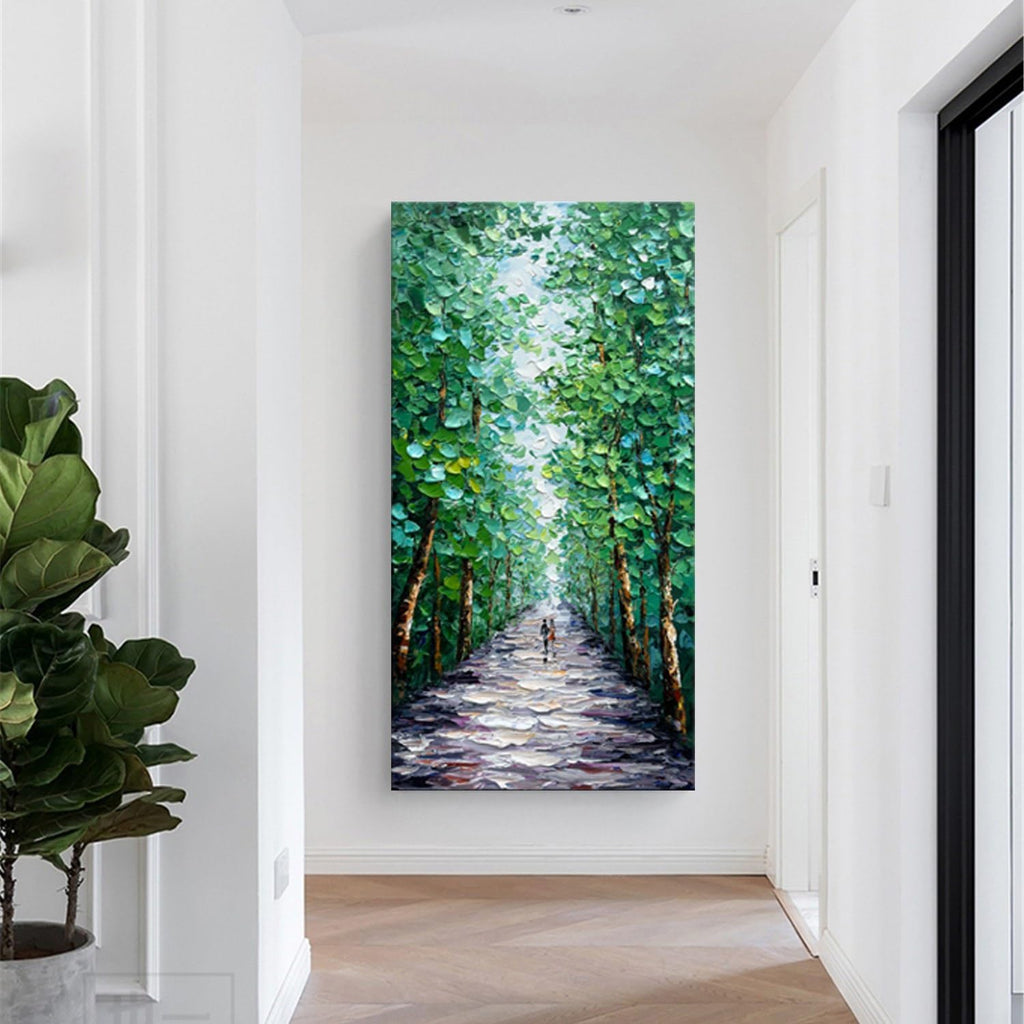 Alenoss Hand Painted Canvas Wall Art, Large Midsummer Forest Landscape Painting, Abstract Oil Painting on Canvas, 24x48 inches, Green, Vertical Wall Art for Living Room, Bedroom