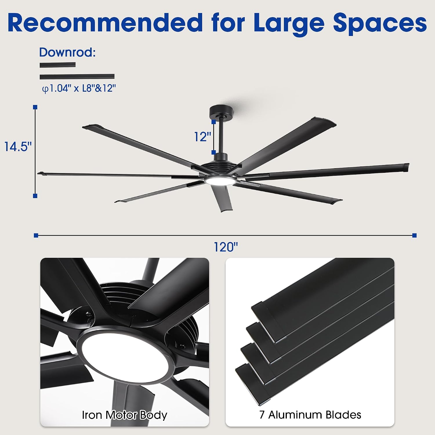 120 Inch Ceiling Fans with Lights and Remote, Industrial Black Large Ceiling Fan with LED Light, High CFM Reversible DC Motor Ceiling Fan for Shop Warehouse Gym Living Room, Dimmable & 3CCT