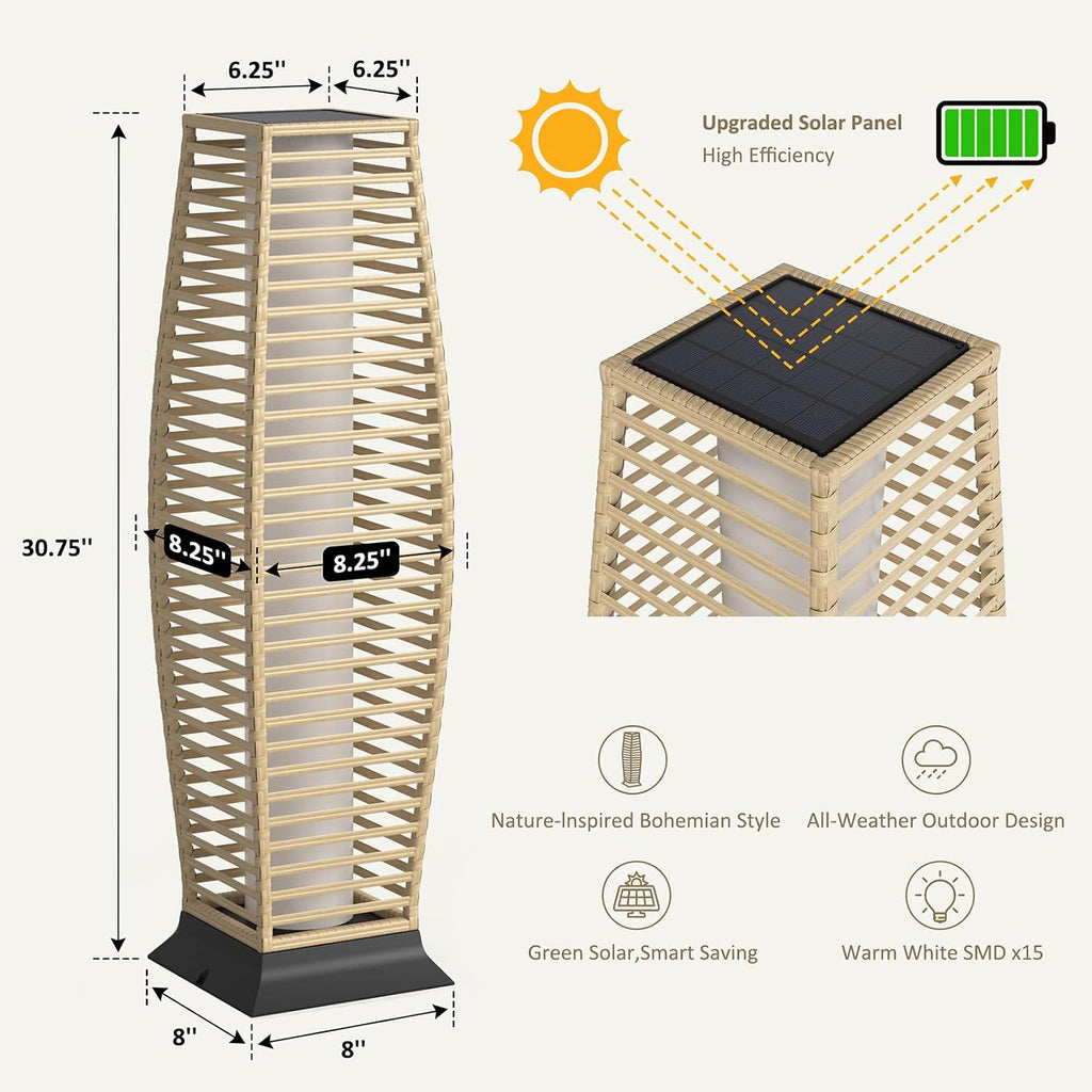Rattan Outdoor Floor Lamp Set of 2, Boho Solar Porch Lights Outdoor Waterproof for Patio, Garden, Balcony & Deck, Natural (Horizontal)