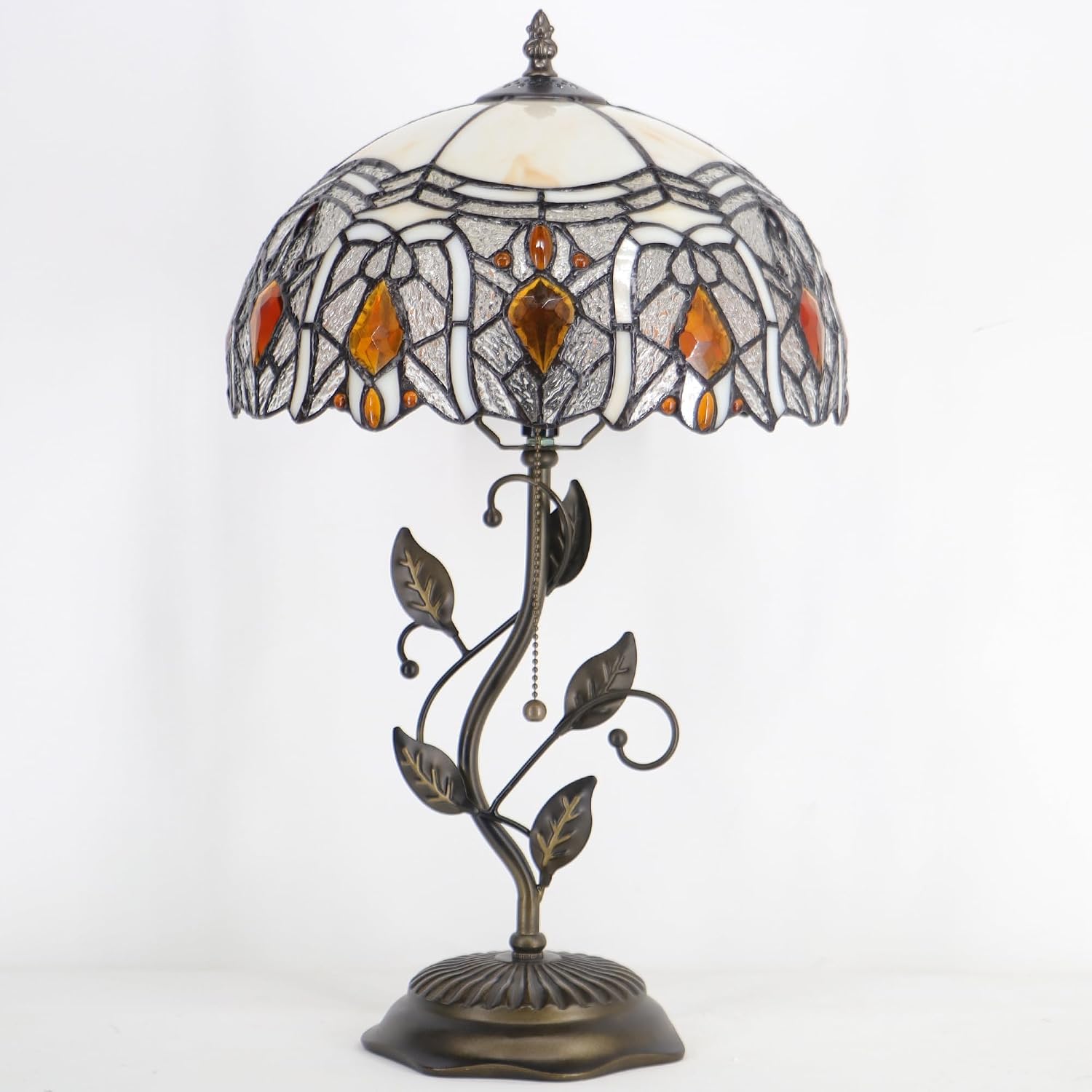 Tiffany Table Lamp Stained Glass Desk Lamp Metal Leaf Base Reading Light 12X19 Inch (Crystal Style)