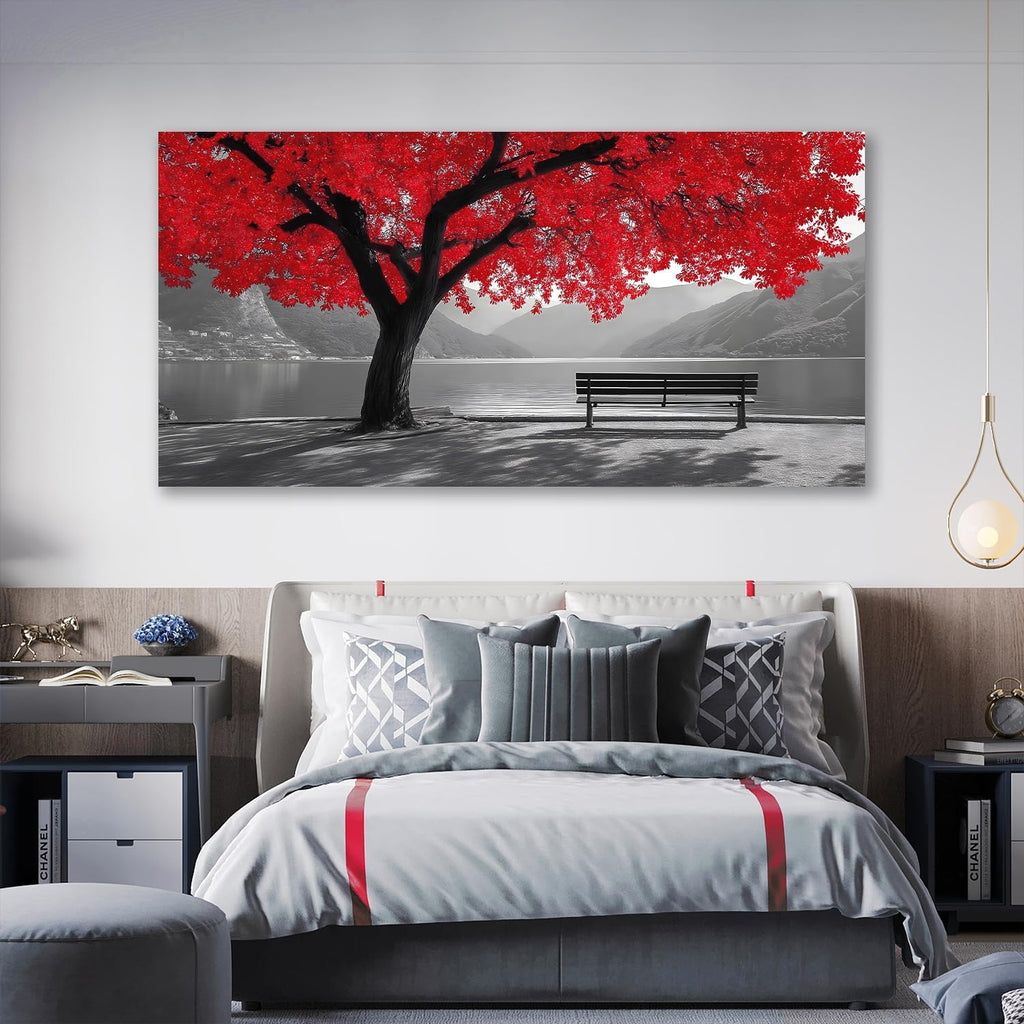Tarfupth Black and White Red Large Tree of Life Wall Art for Living Room Mountain Artwork Landscape Lake Pictures for Bedroom Office Home Decor Modern Canvas Prints 29'x58'