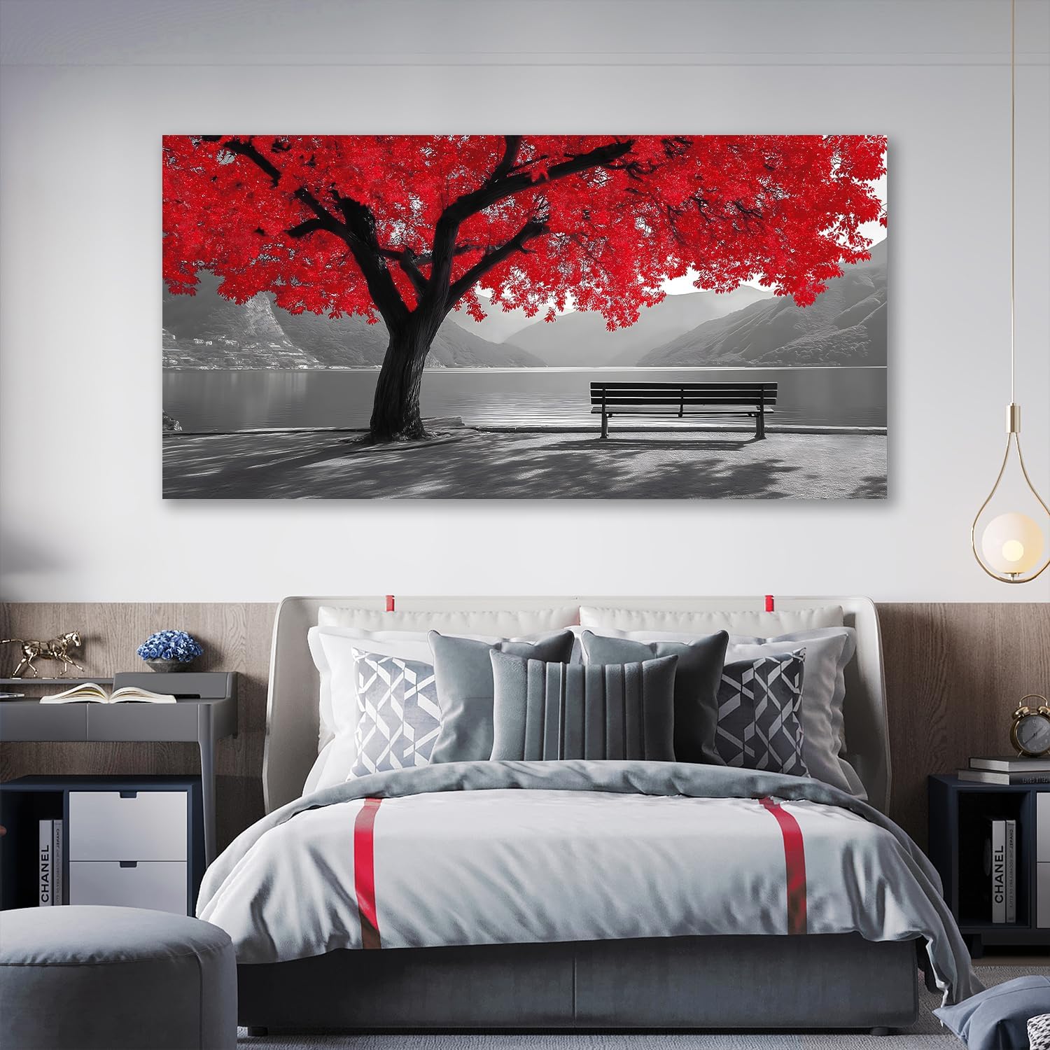 Tarfupth Black and White Red Large Tree of Life Wall Art for Living Room Mountain Artwork Landscape Lake Pictures for Bedroom Office Home Decor Modern Canvas Prints 29'x58'