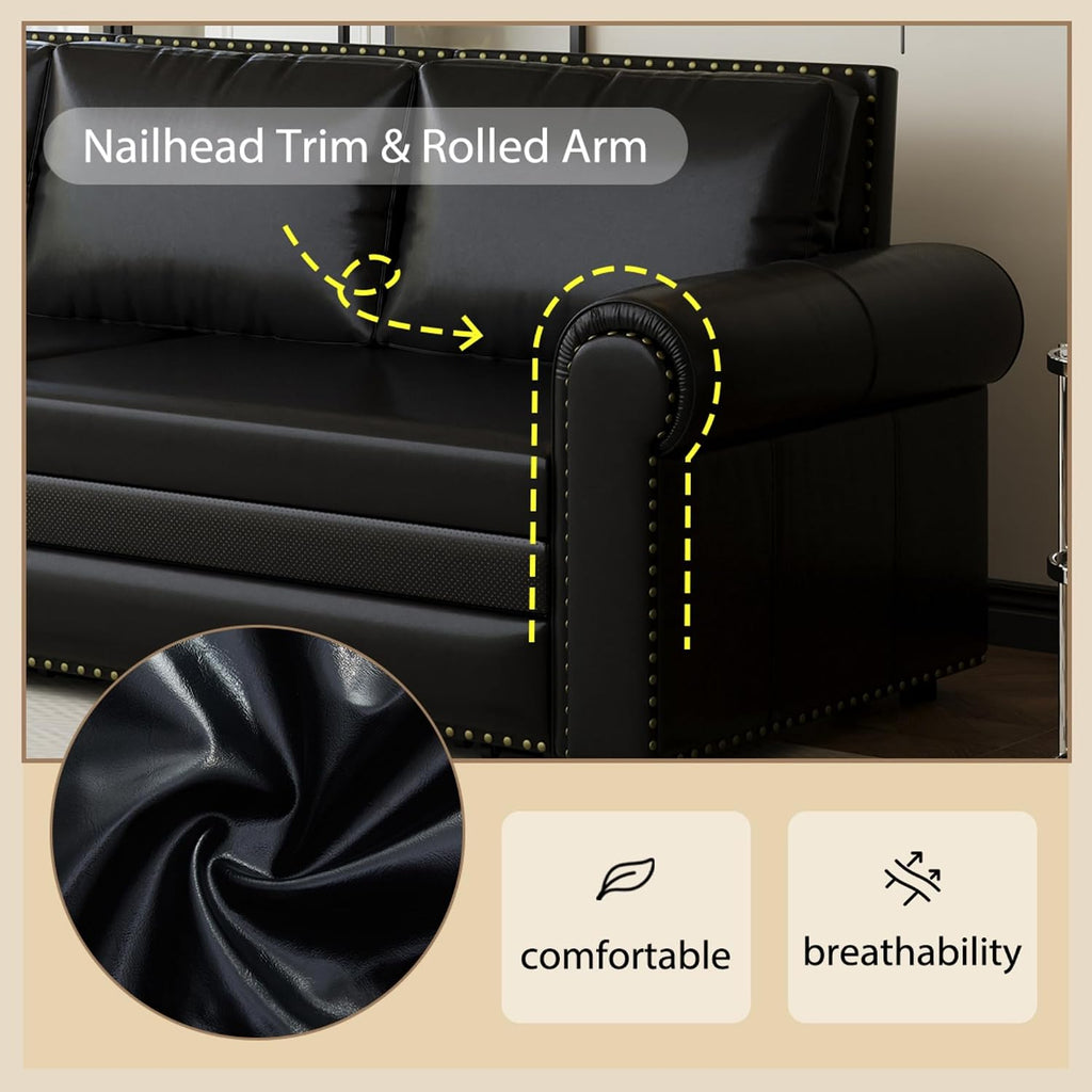 93.7' Pull Out Sofa Bed King Size with Pillows,3-in-1 Convertible Sleeper Couch with Nails Trim,PU Leather 3 Seater Sofabed for Living Room,Black