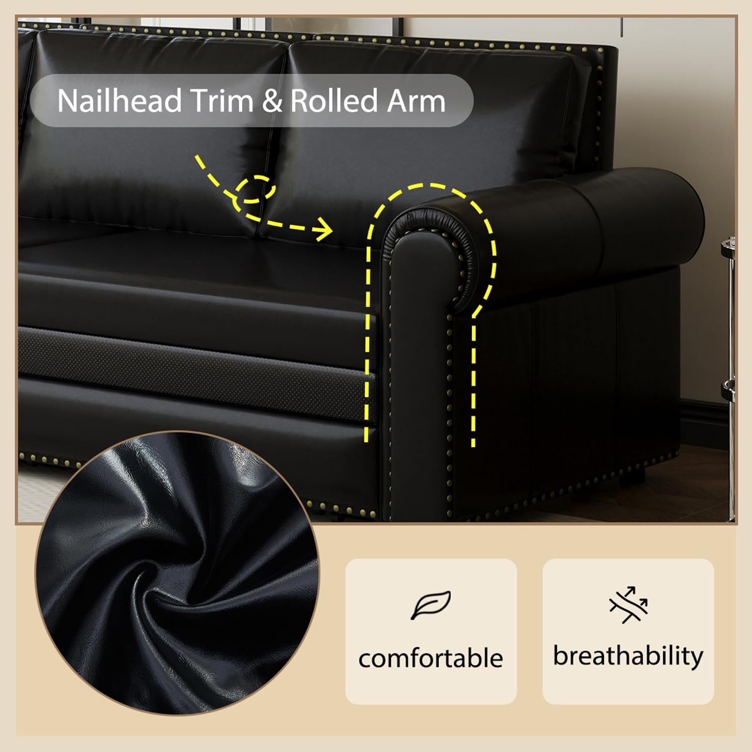 93.7' Pull Out Sofa Bed King Size with Pillows,3-in-1 Convertible Sleeper Couch with Nails Trim,PU Leather 3 Seater Sofabed for Living Room,Black