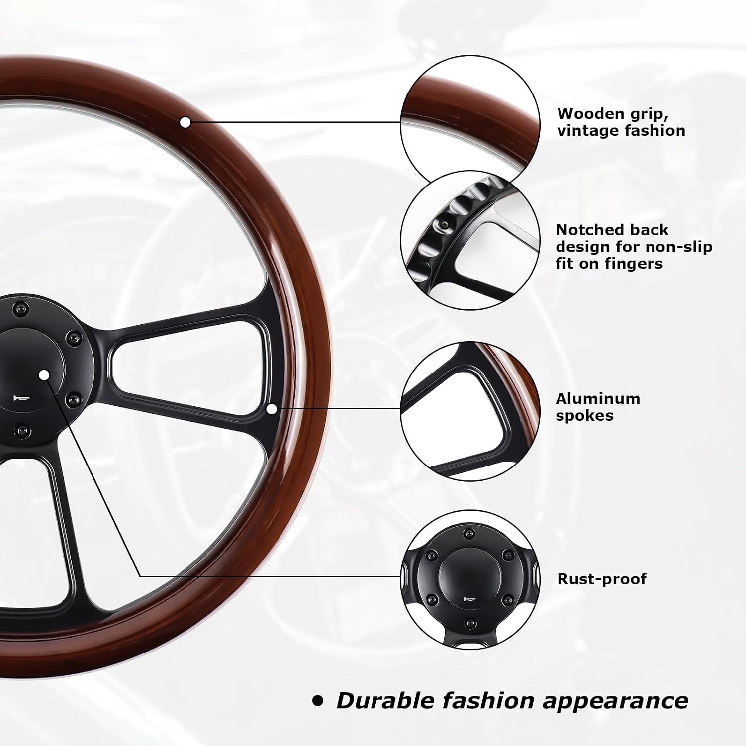 Universal 14 Inch Wooden Racing Steering Wheel 6 Bolt Black Aluminum 3 Spoke Vintage with Horn Button for Racing/Rally/Motorsports Racing Steering Wheel