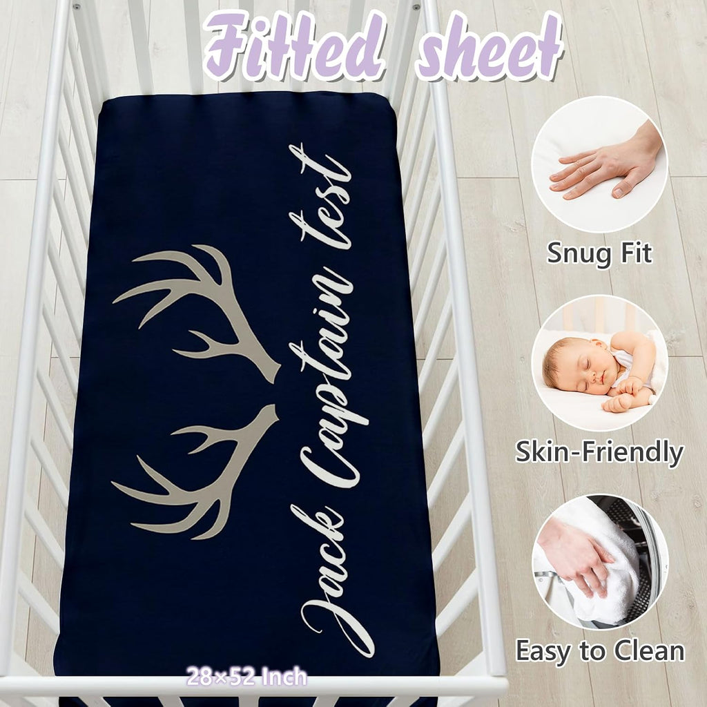 Personalized Baby Crib Bedding Set, 5 Pcs Custom Name Nursery Bedding Set for Girls Boys, Blue Woodland Deer Baby Crib Set for Toddlers Infants, Double Layer Bedding Crib Sets Customized Gifts