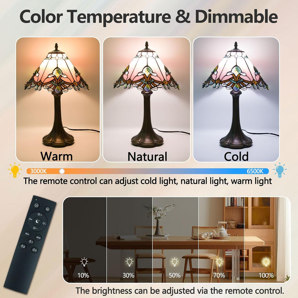 Tiffany Style Table Lamp, Small Stained Glass Lamp for Bedside, Bedroom, Nightstand, Living Room, 12 Inch Mini Vintage Light Included E26 Bulbs with Remote Control (Pink Umbrella)