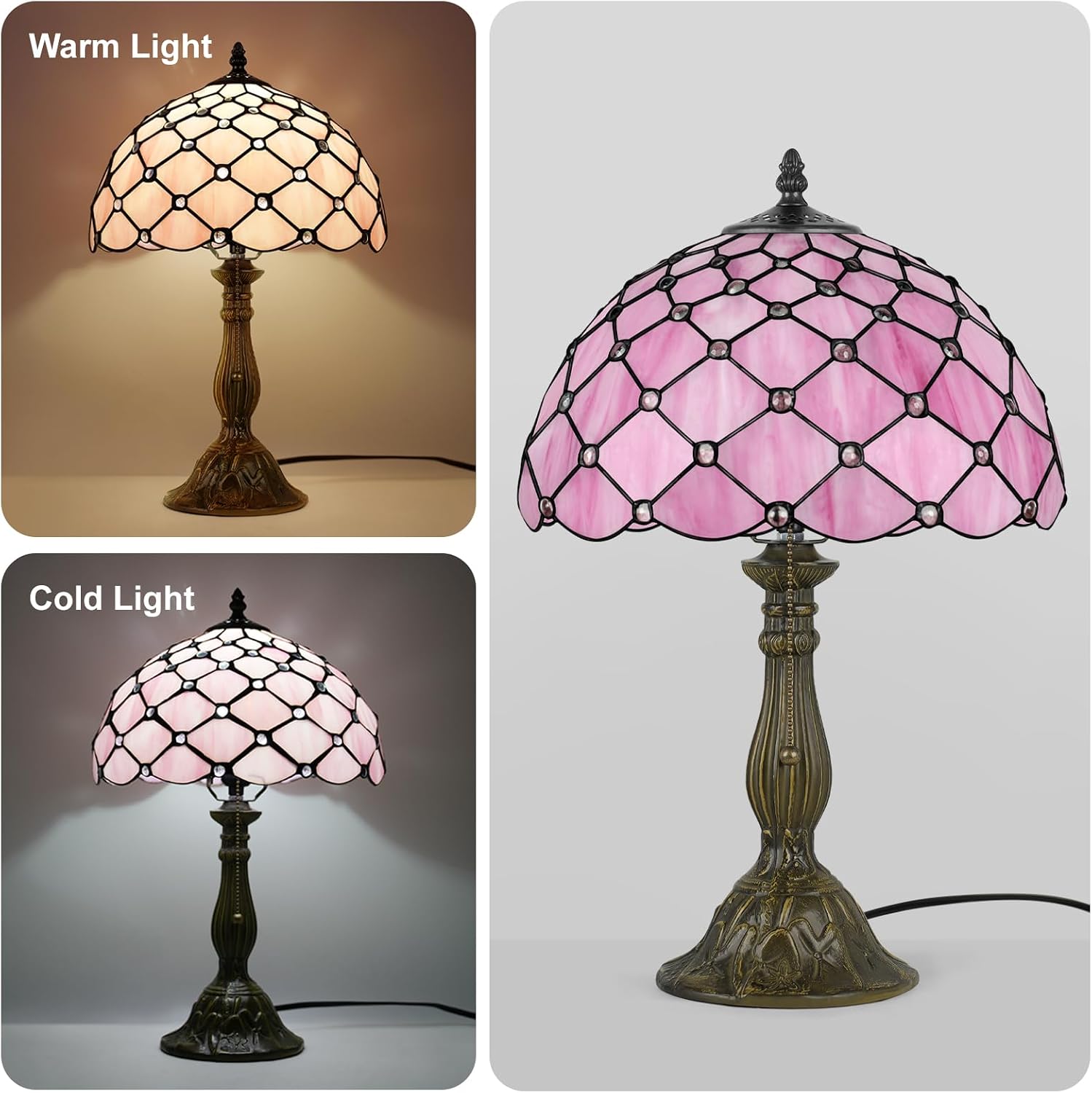 MOAN Lamp Stained Glass Table Lamp 12X12X19 Inch Bedside Reading Light Antique Bronze Base(Pink Pearl Style)