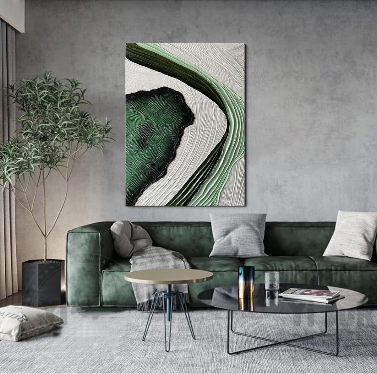 Slyart Large Nordic Green and White Abstract Vertical Wall Art Green 3D Texture Painting Green White Painting Modern Living Room Oil Paintings Minimalist Art