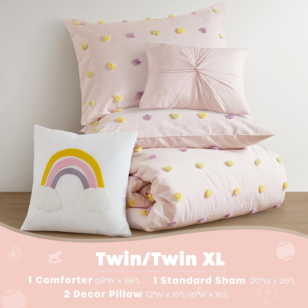 Intelligent Design Kids Twin Cotton Jacquard Weave Colorful Pom Pom Kids Comforter Sets, Down Alternative Shabby Chic All Season Girls Bedding, Bedroom Decor, Callie, Twin/Twin XL Pink 4 Piece