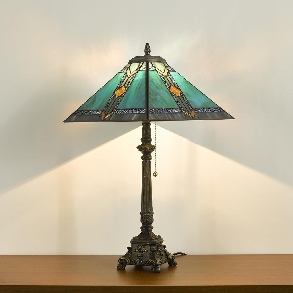 Tiffany Table Lamps Blue Stained Glass Striped Checkered Style Mission Desk Lamp 12X12X24 Inch Bronze Resin Base