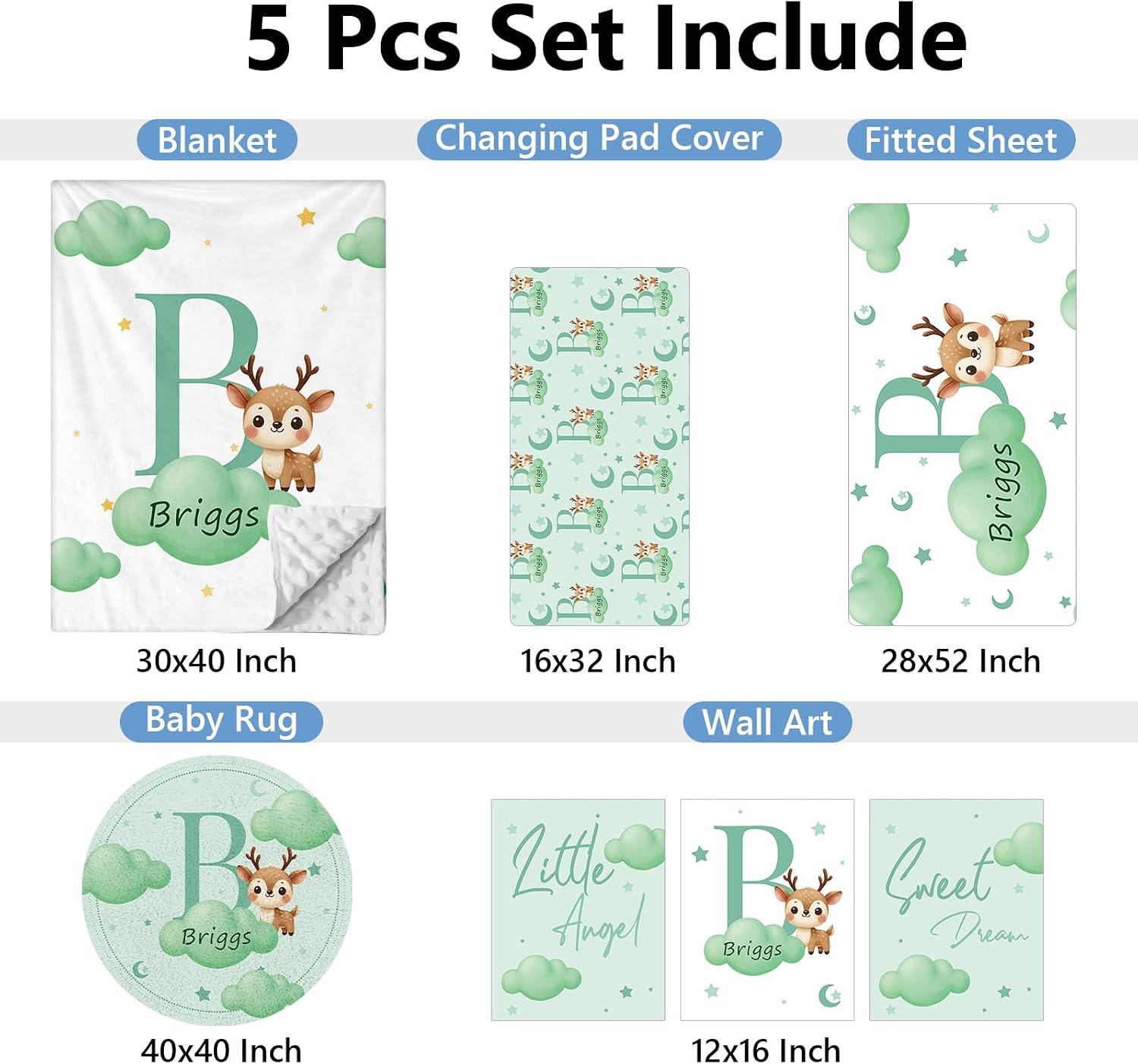 KAINSY Custom Crib Bedding Set, 5 Pcs Personalized Name Monogram Baby Crib Sets for Infants Toddlers, Green Deer Nursery Bedding Set for Boys Girls, Double Layer Baby Bedding Sets Customized Gifts