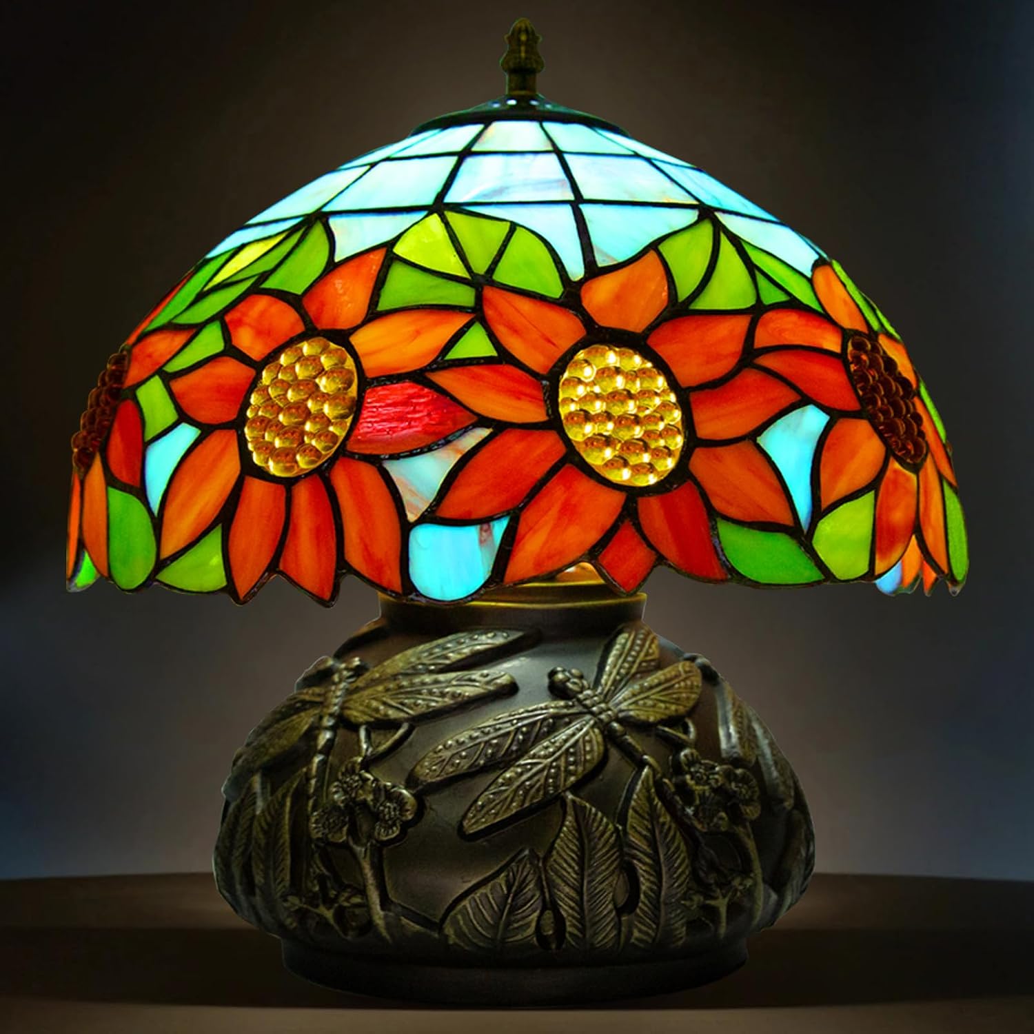 Tiffany Table Lamp,12 Inch Stained Glass Table Lamp,Mushroom Style Vintage Desk Lights Included E26 LED with Remote Control for Bedside,Bedroom,Living Room(Sunflower)