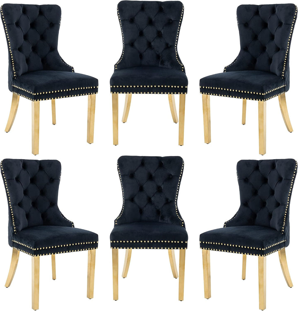 civama Dining Chairs Set of 6, Elegant Luxury Velvet Tufted Dining Chairs Golden Legs & Nailhead Trim, Back Lion Head Pull Ring & Rhomboid Pattern, Nikki Collection Armless Kitchen Chair, Black