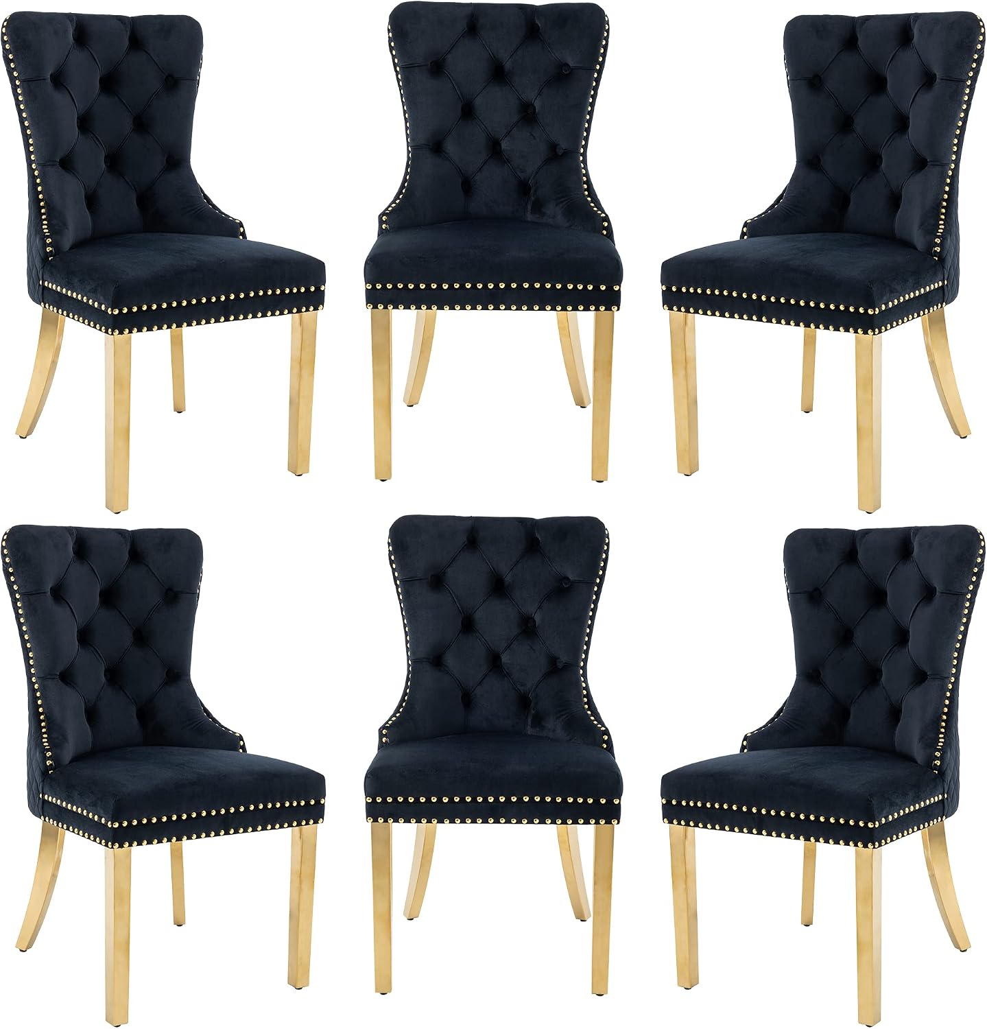 civama Dining Chairs Set of 6, Elegant Luxury Velvet Tufted Dining Chairs Golden Legs & Nailhead Trim, Back Lion Head Pull Ring & Rhomboid Pattern, Nikki Collection Armless Kitchen Chair, Black