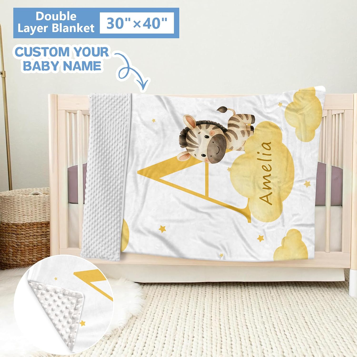 KAINSY Custom Crib Bedding Set, 5 Pcs Personalized Name Monogram Baby Crib Sets for Infants Toddlers, Yellow Zebra Nursery Bedding Set for Boys Girls, Double Layer Baby Bedding Sets Customized Gifts