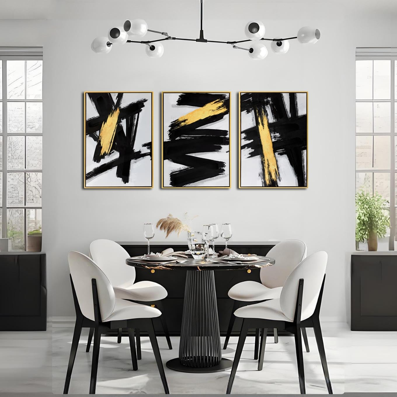 Sofoney - Gold Framed Black and Gold Abstract Wall Art 3D Textured Black and White Canvas Wall Decor with Gold Foil for Living Room Bedroom Office, Large 3 Piece Modern Home Decor, 20'x30'x3 Panels