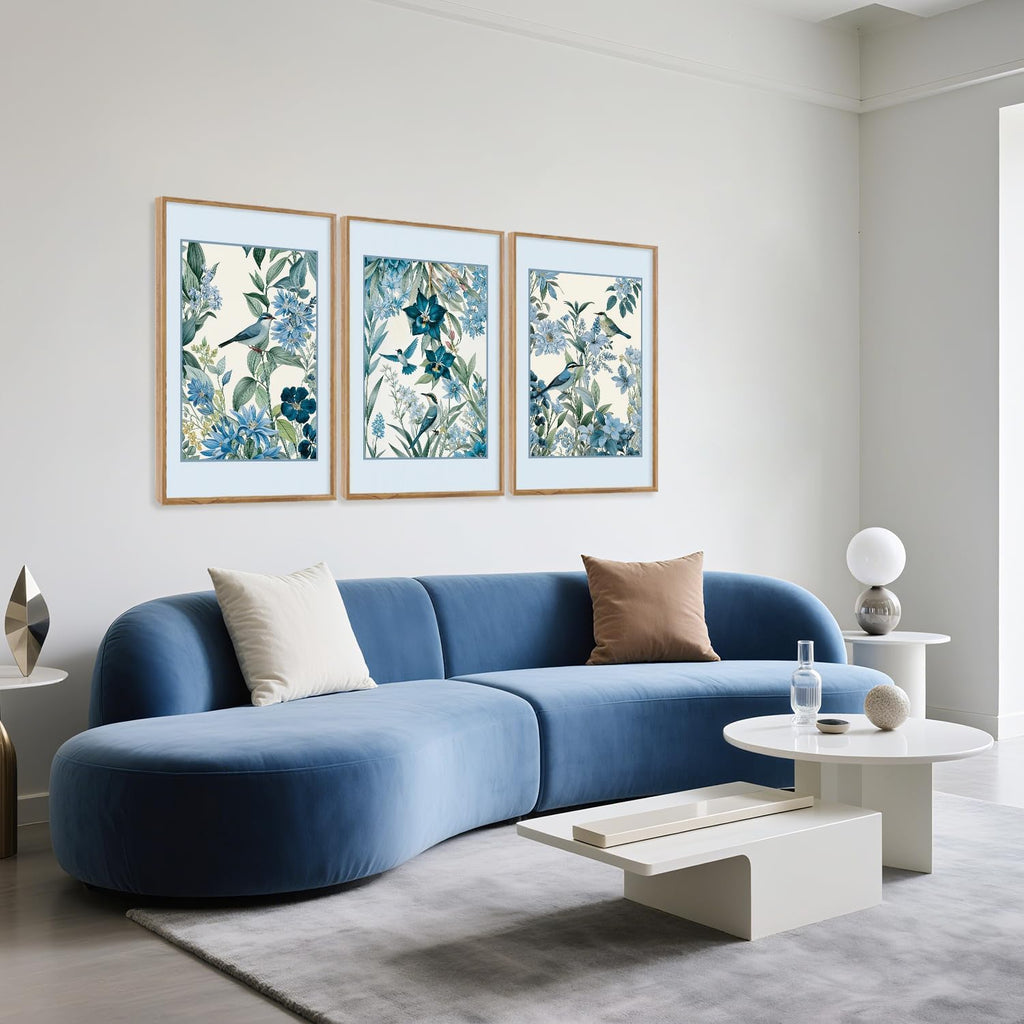 Aurlan Vintage Blue Birds and Botanical Framed Wall Art(24'x36'), 3PCS Classic Chinoiserie Audubon Bird Canvas Artwork, Large Abstract Watercolor Flowers Floral Home Decor for Bedroom Living Room