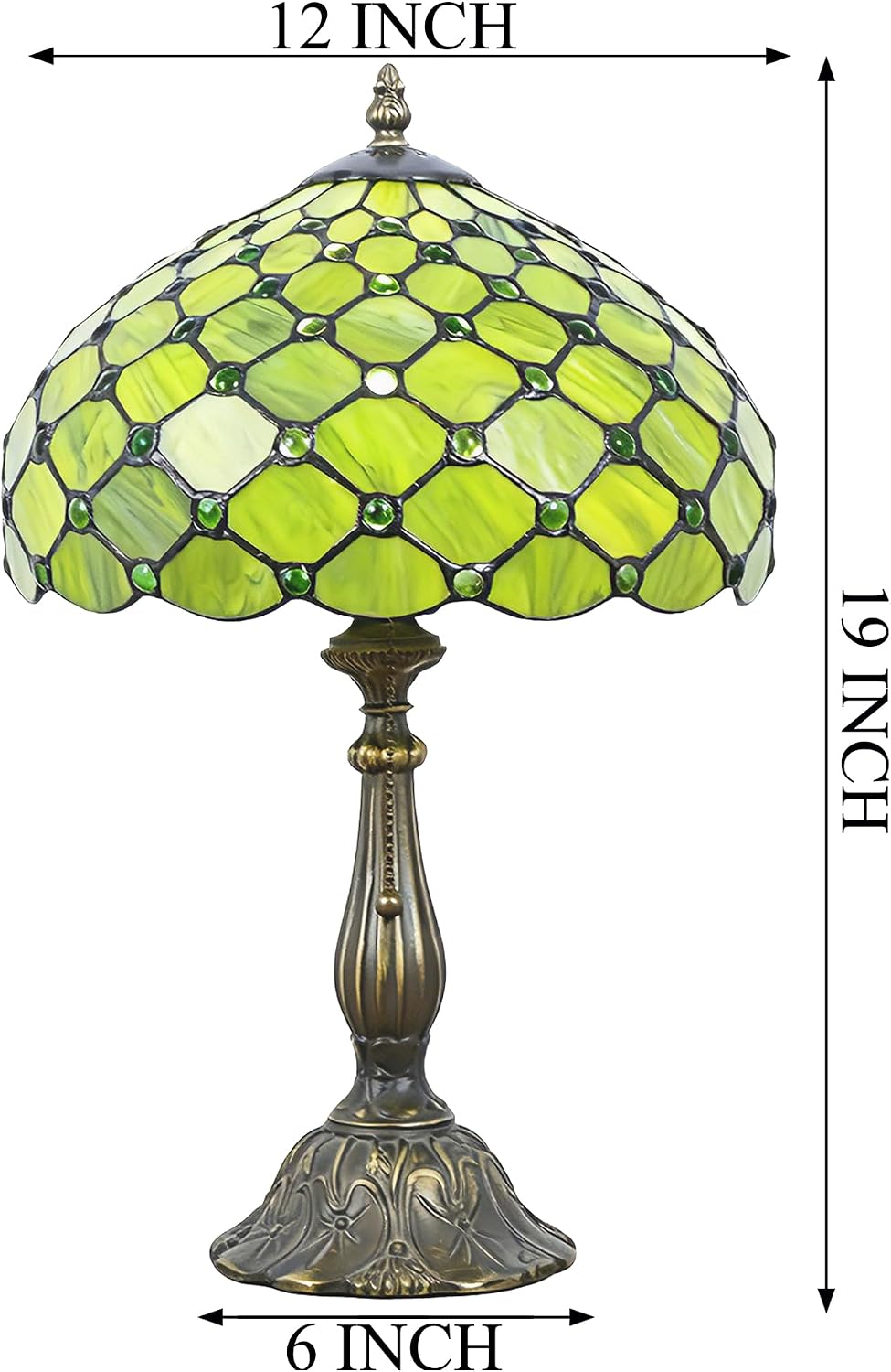 Tiffany Lamp Stained Glass Table Lamp Antique Bedside Reading Light W12H19 Inches (Green Yellow Pearl)