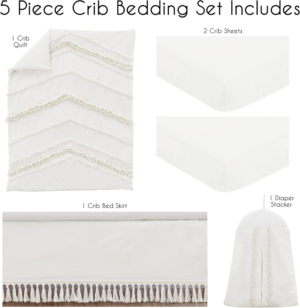 Sweet Jojo Designs Ivory Boho Chic Boy Girl Baby Crib Bedding Set Infant Nursery Room Solid Color Beige Cream Gender Neutral Bohemian Modern Farmhouse Designer Unisex Tassel Fringe Macrame Cotton