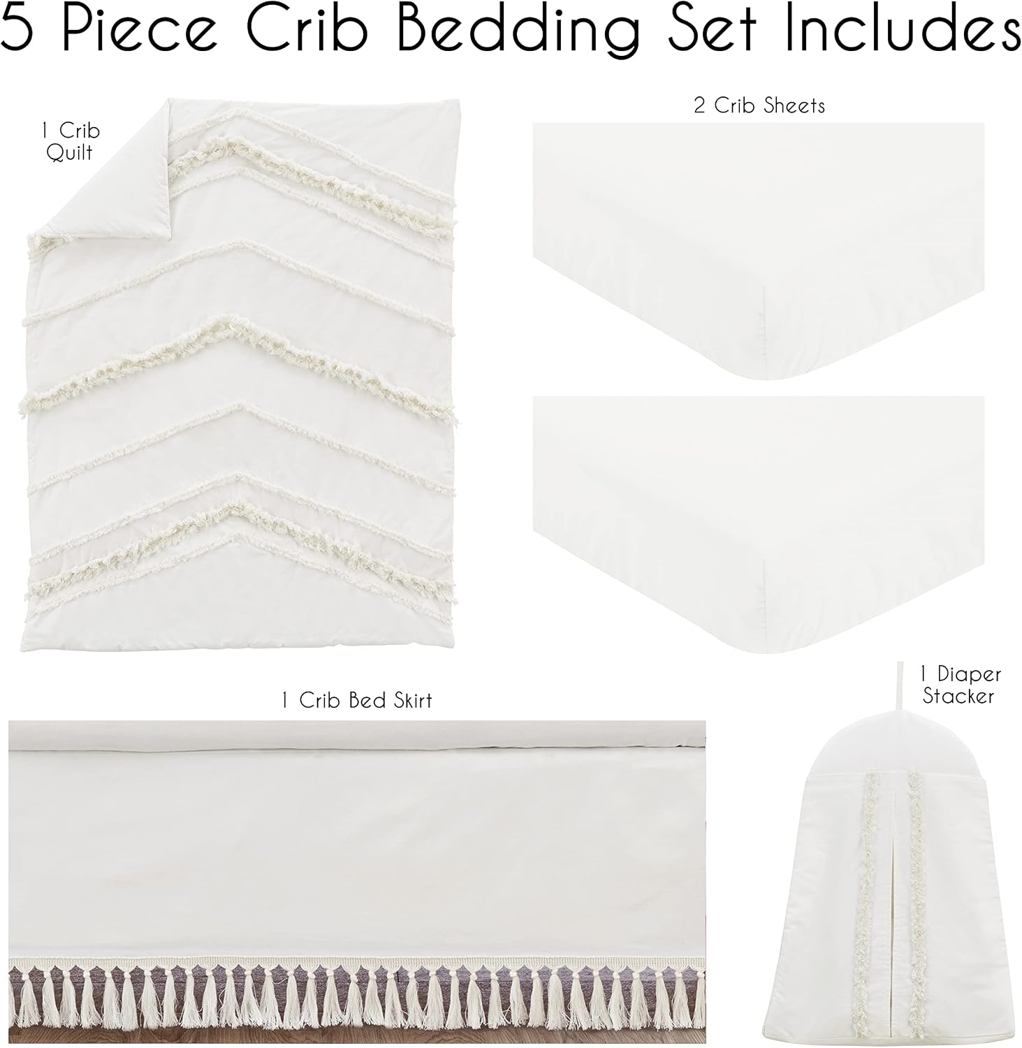 Sweet Jojo Designs Ivory Boho Chic Boy Girl Baby Crib Bedding Set Infant Nursery Room Solid Color Beige Cream Gender Neutral Bohemian Modern Farmhouse Designer Unisex Tassel Fringe Macrame Cotton