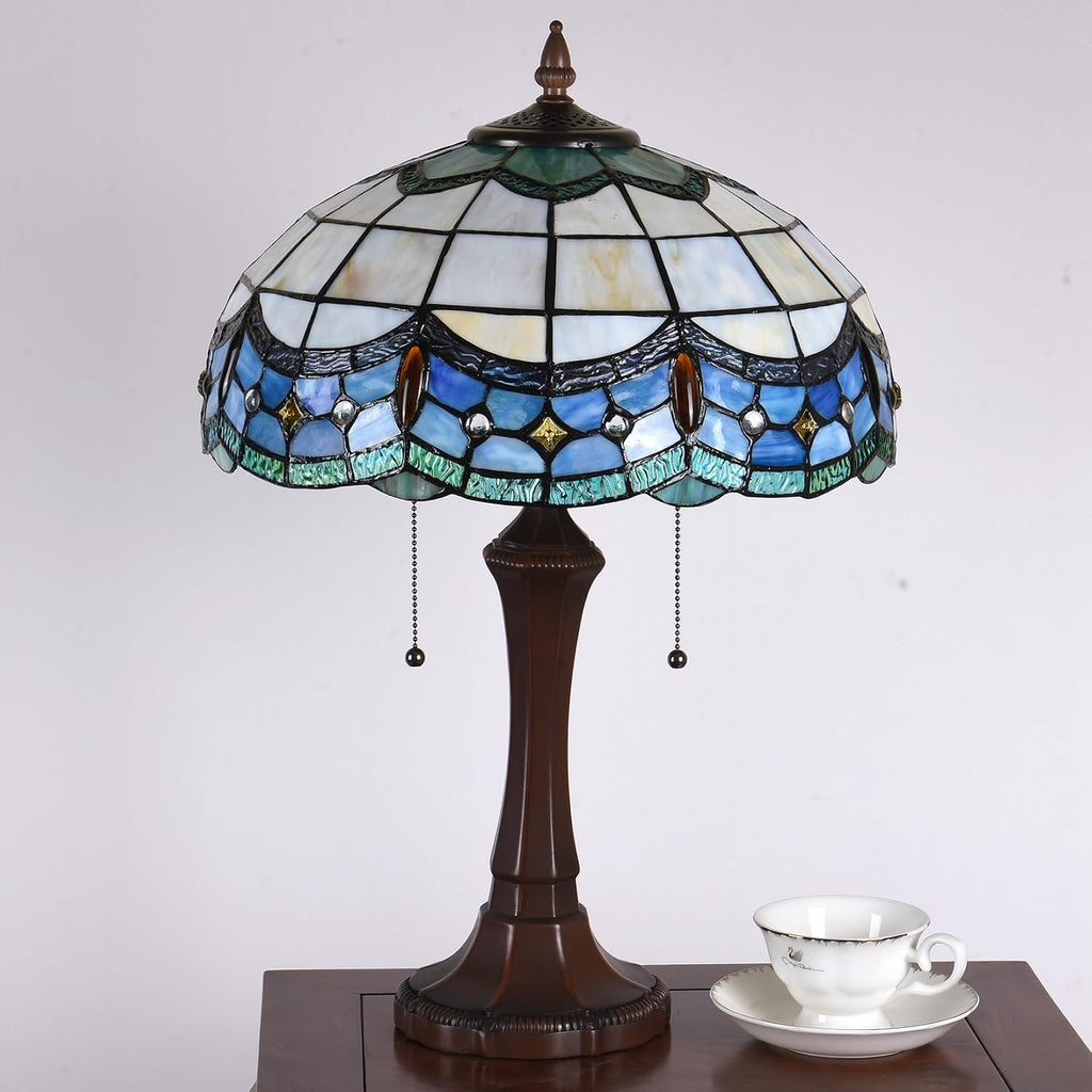 Tiffany Table Lamps 16' Wide Blue Stained Glass Bedside Lamp Victorian Reading 2 Lights Vintage Antique Desk Light Decor for Living Room Bedroom Home Office
