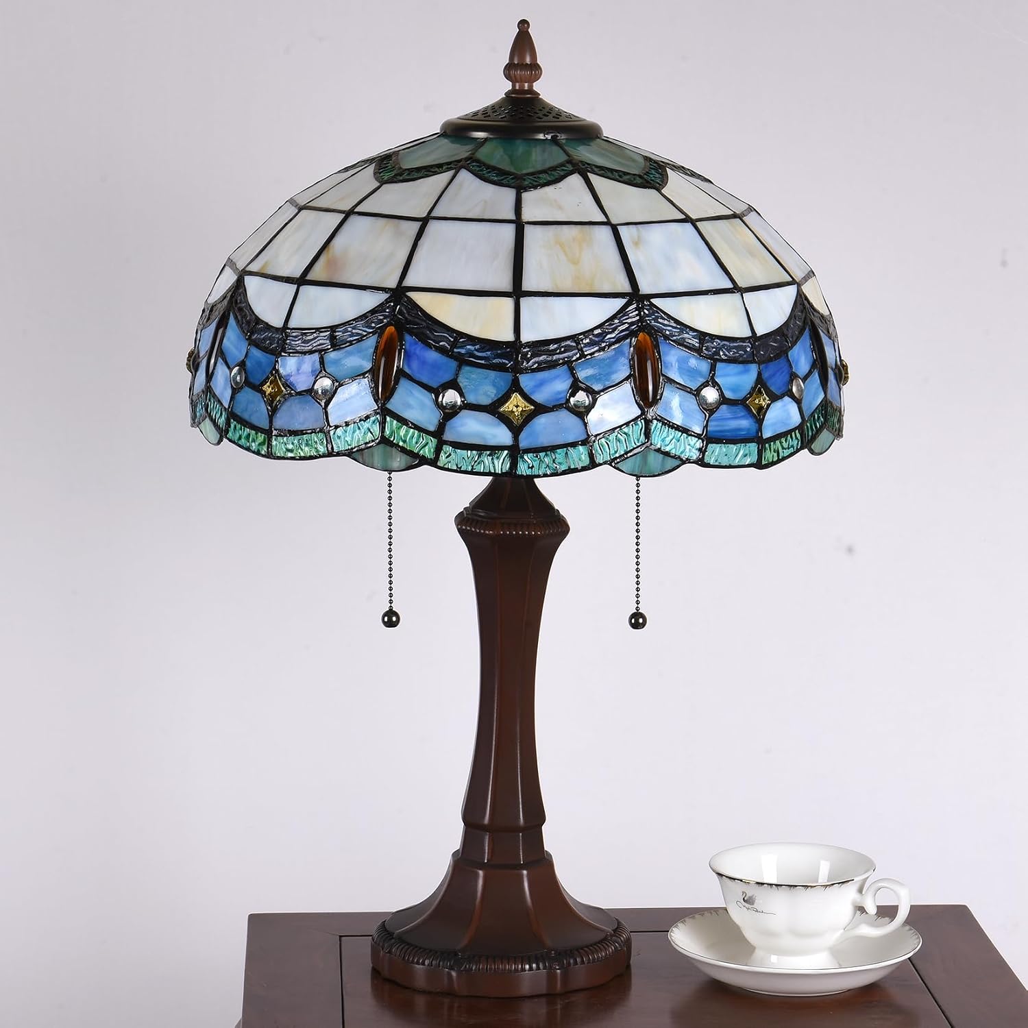 Tiffany Table Lamps 16' Wide Blue Stained Glass Bedside Lamp Victorian Reading 2 Lights Vintage Antique Desk Light Decor for Living Room Bedroom Home Office