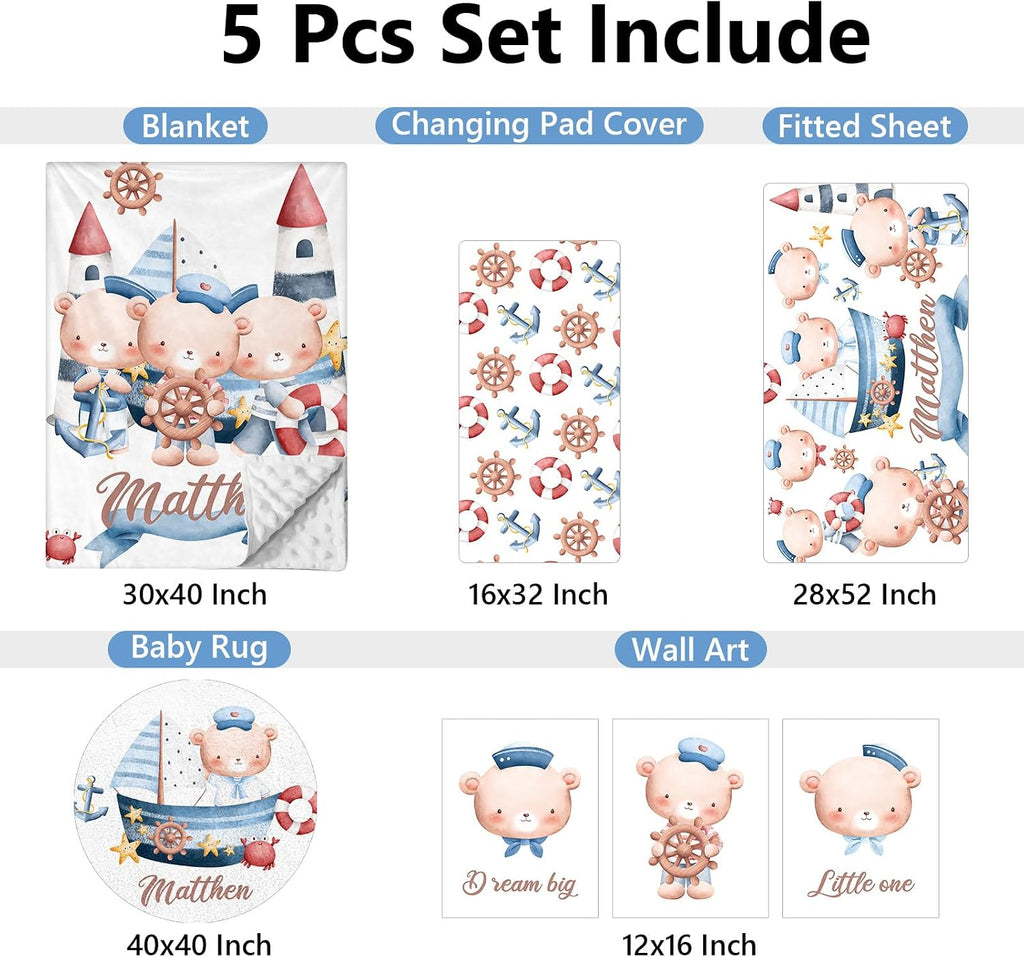 Custom Crib Bedding Set 5 Piece for Girls Boys – Personalized Sailor Bear Theme, Newborn Sleep Set, Nursery Decor, Toddler Room Essentials, Infant Sleep, Baby Room Accessories, Baby Gift