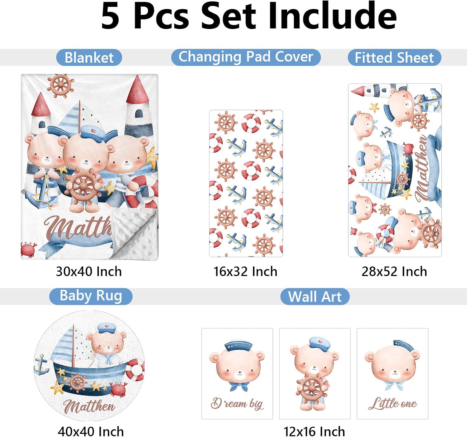 Custom Crib Bedding Set 5 Piece for Girls Boys – Personalized Sailor Bear Theme, Newborn Sleep Set, Nursery Decor, Toddler Room Essentials, Infant Sleep, Baby Room Accessories, Baby Gift