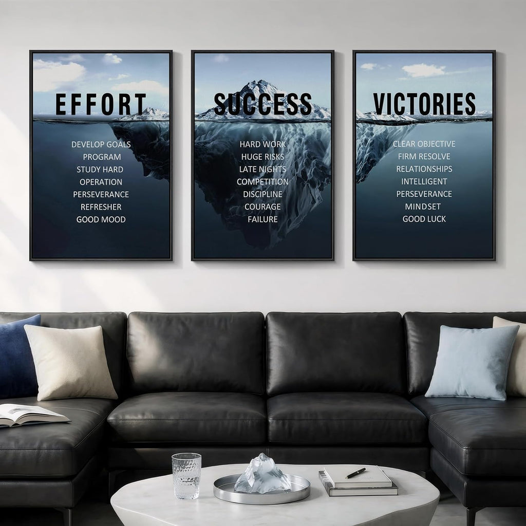 Large Framed Inspirational Wall Art for Office Decor, 3 Piece Modern Navy Blue Motivational Canvas Prints Artwork for Walls, Positive Quotes Pictures for Gym Home Office Library Wall Decor, 24x36 In