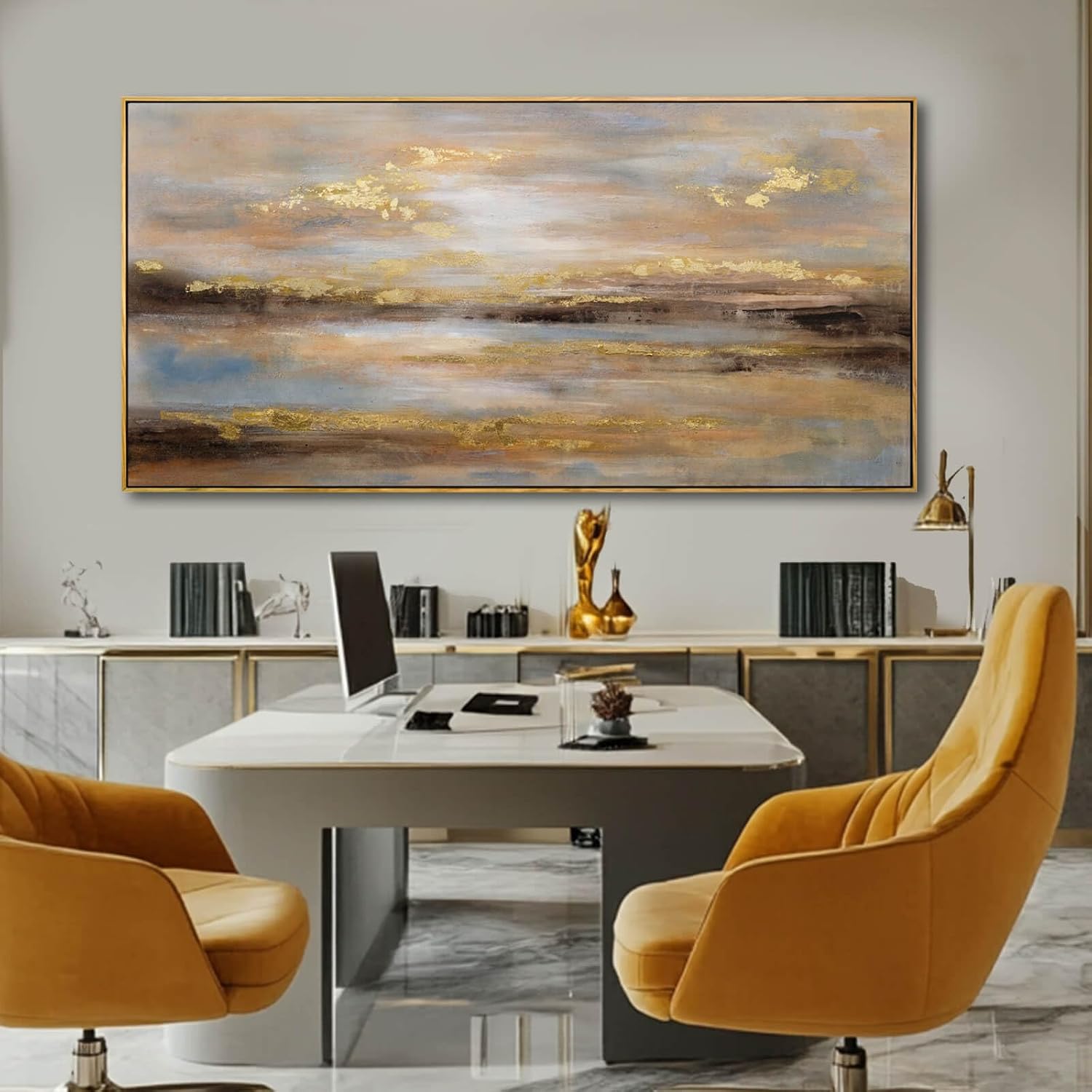 Gold Abstract Wall Art Decor Neutral Canvas Pictures Wooden Framed Wall Decor Colorful Art Prints for Living Room Dining Room Bedroom 24x48 Inch