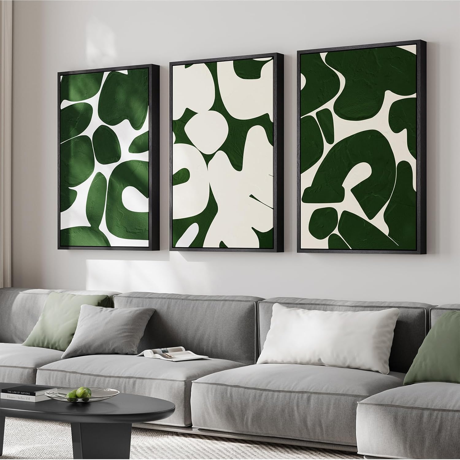 Large Framed Green and White Abstract Wall Art for Living Room, Set of 3 Minimalist Canvas Prints Paintings Artwork for Walls, Mid-Century Modern Pictures for Entryway, Hallway Wall Decor 24x36 In