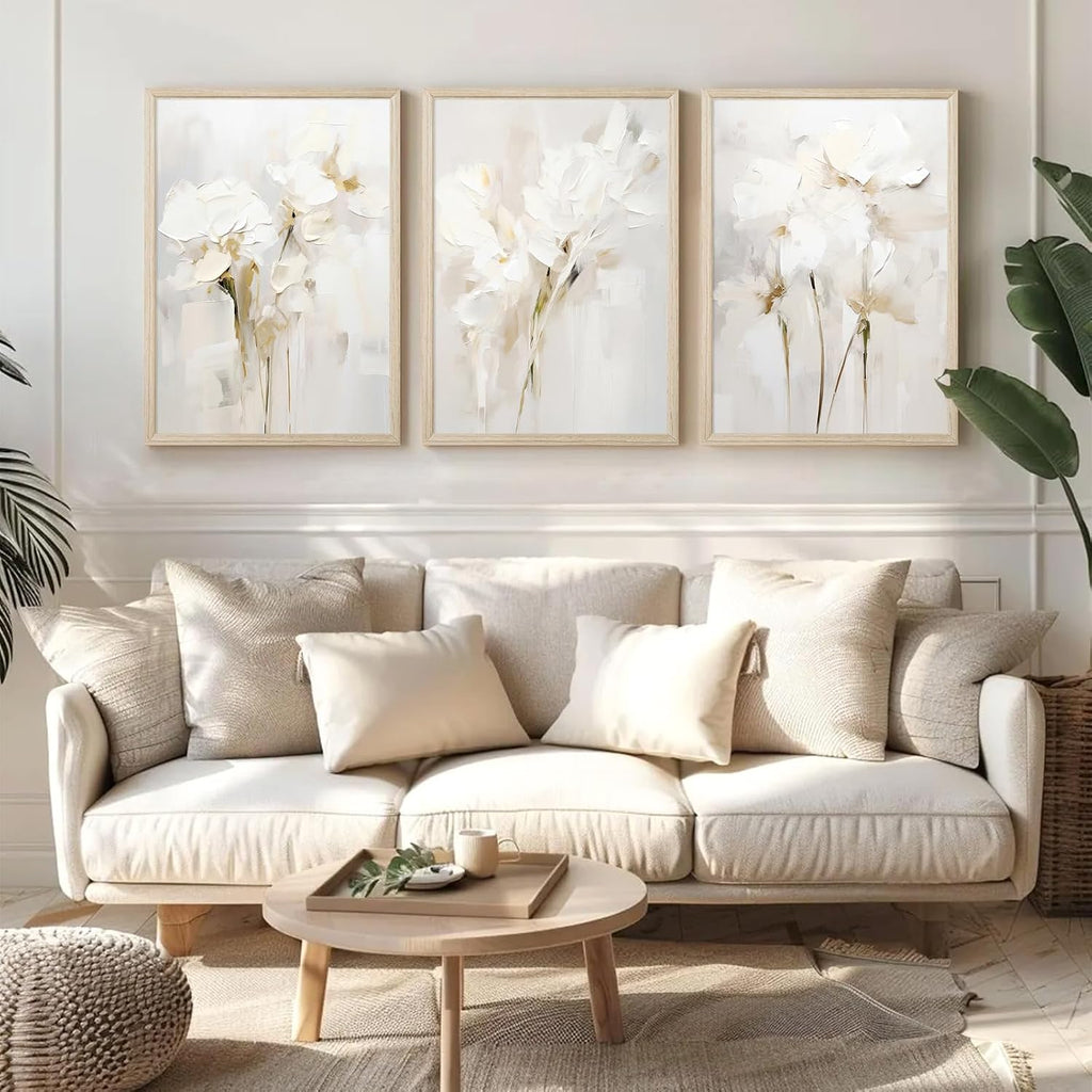 Neutral Wall Art Abstract Floral Canvas Pictures Beige Flower Wall Decor Modern Painting Minimalist Poster Abstract Botanical Prints White Artwork for Bedroom Living Room 24x36x3 Inch Wood Framed