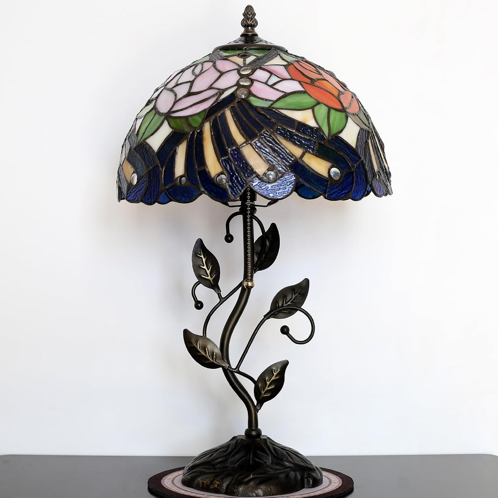 Tiffany Lamp Stained Glass Style Table Lamp Rose Style Bedside Desk Reading Light W12H19 Inch Metal Leaf Base with Metal Leaf Base