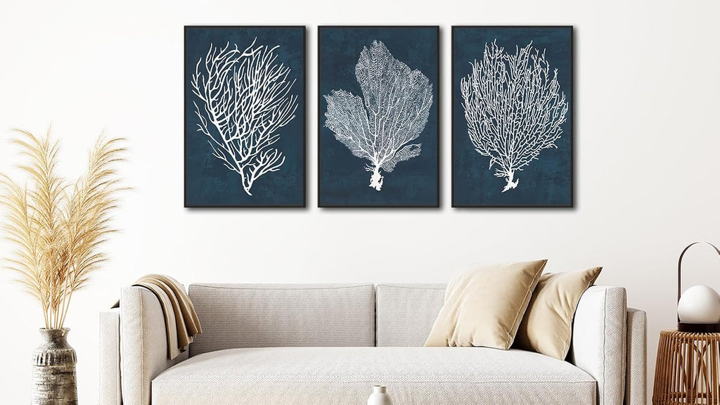 Large Framed Coral Wall Art - Navy Blue Coastal Wall Decor Painting 24'x36' Set of 3 Minimalist Beach Wall Art Prints Rustic Ocean Coral Canvas Pictures for Living Room Bedroom Office Artwork