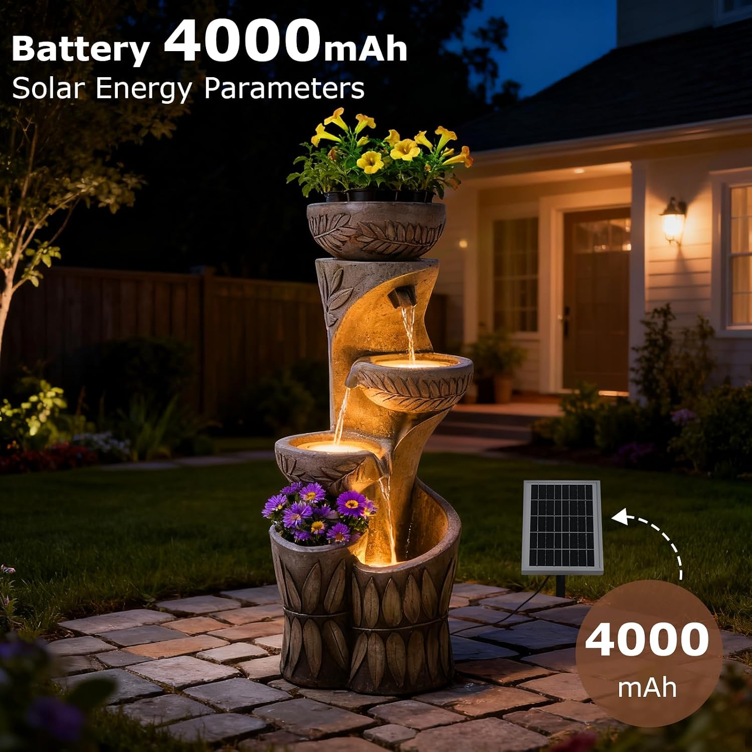 4 Tiered Solar Water Fountain Outdoor Garden, 35.6' Tall Cascading Bowl Leaf Carved Outdoor Waterfall Fountains Modern Water Feature with Dual Planters for Garden, Patio, Deck, Yard, Indoor Decor