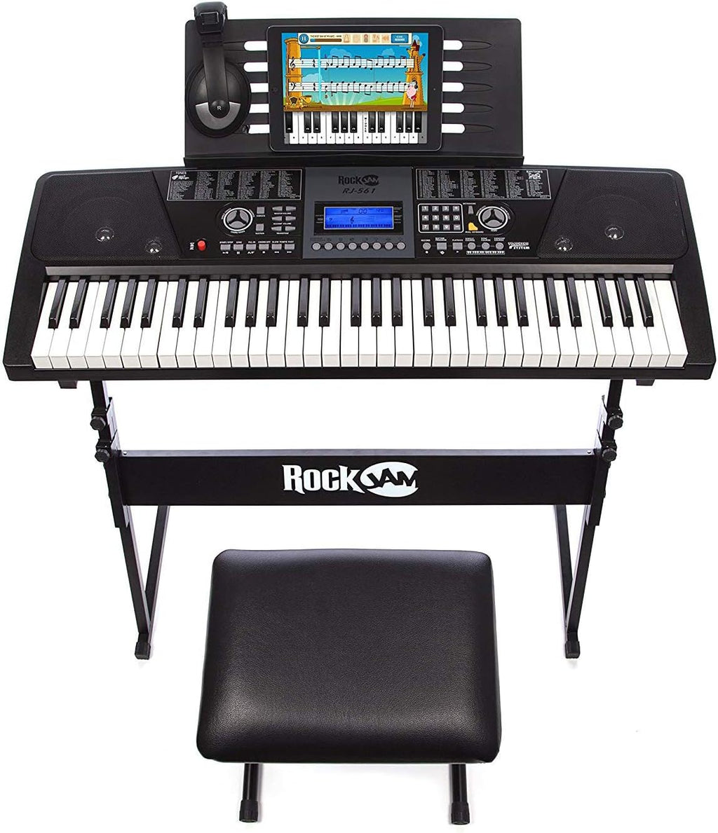 RockJam 61-Key Keyboard Piano Kit with Stand, Stool, Headphones, Keynote Stickers & Lessons