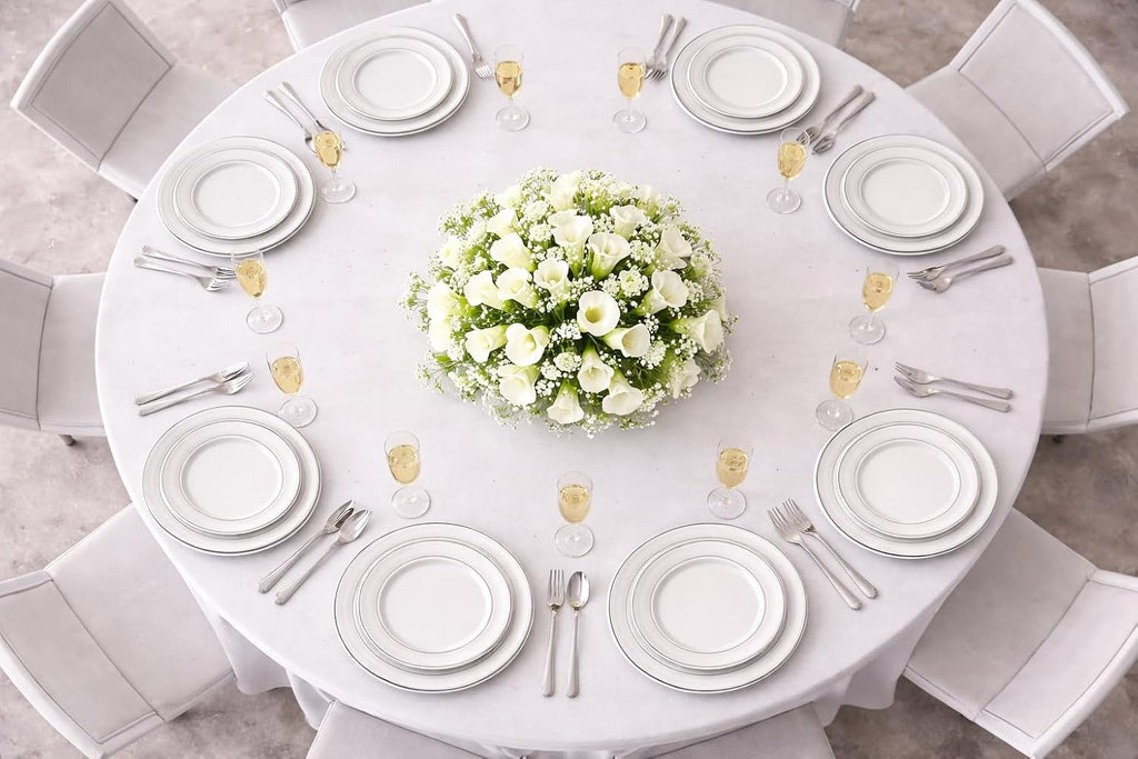 ' OCCASIONS ' 360 pcs/40 Guest-Full Tableware Set-Wedding Disposable Plastic Plates, Silverware, Silver Rimmed Tumblers & Linen Feel Napkins w/napkin Rings (Combo C, White & Silver Rim)