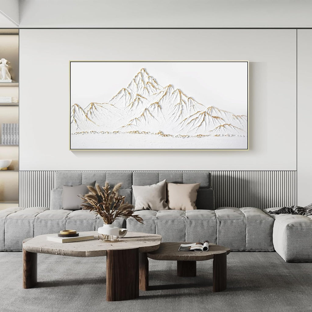 White and Gold Framed Paintings Textured Wall Art - 3D Mountain 100% Hand Painted Canvas Home Decor 48x24 Large Horizontal Contemporary Artwork Decoration for Living Room Bedroom